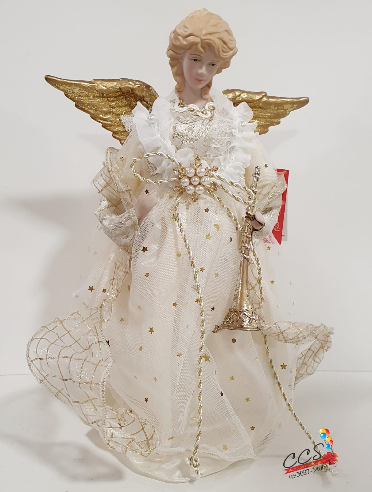 Anjo de Resina com Roupa Branco e Ouro Tocando Trompete 30cm - Coleção  Anjos - Ref 1207322 Cromus Natal - CCS Decorações