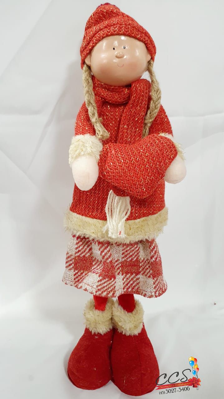 Boneco de Natal Menina em Pé Segurando Coração 43cm - Vermelho Bege - Ref  72729001 D&A - CCS Decorações