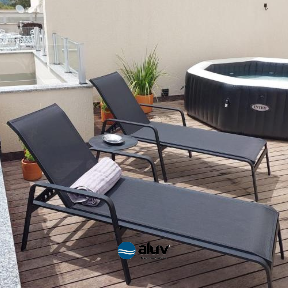 Kit 2 Espreguiçadeiras Riviera Piscina Alumínio Preto Tela - Aluv Móveis