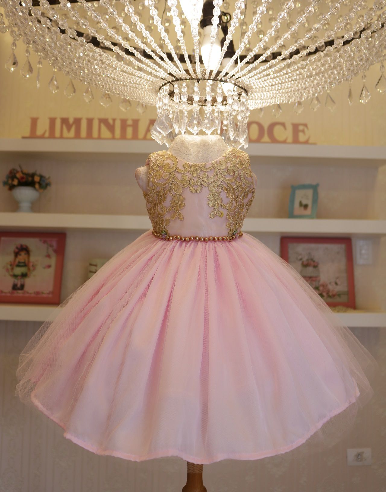 Vestido Infantil Rosa Dourado Realeza Princesa