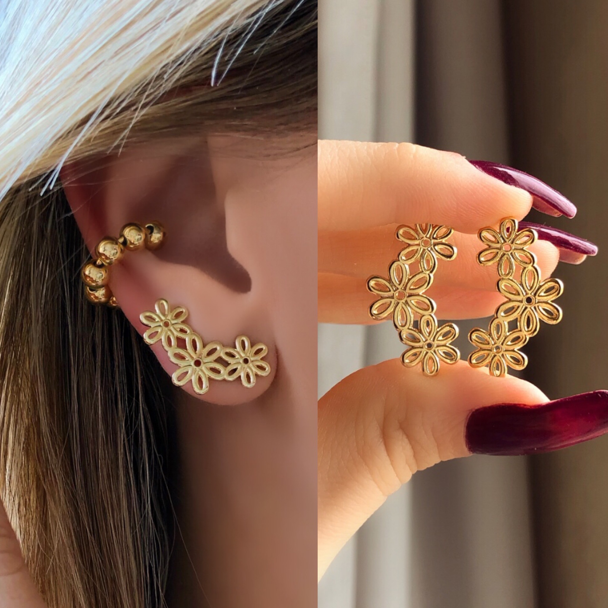 Brinco Ear Cuff Flores Dourado - Angela Jesus - Semi Joias de luxo para  você!