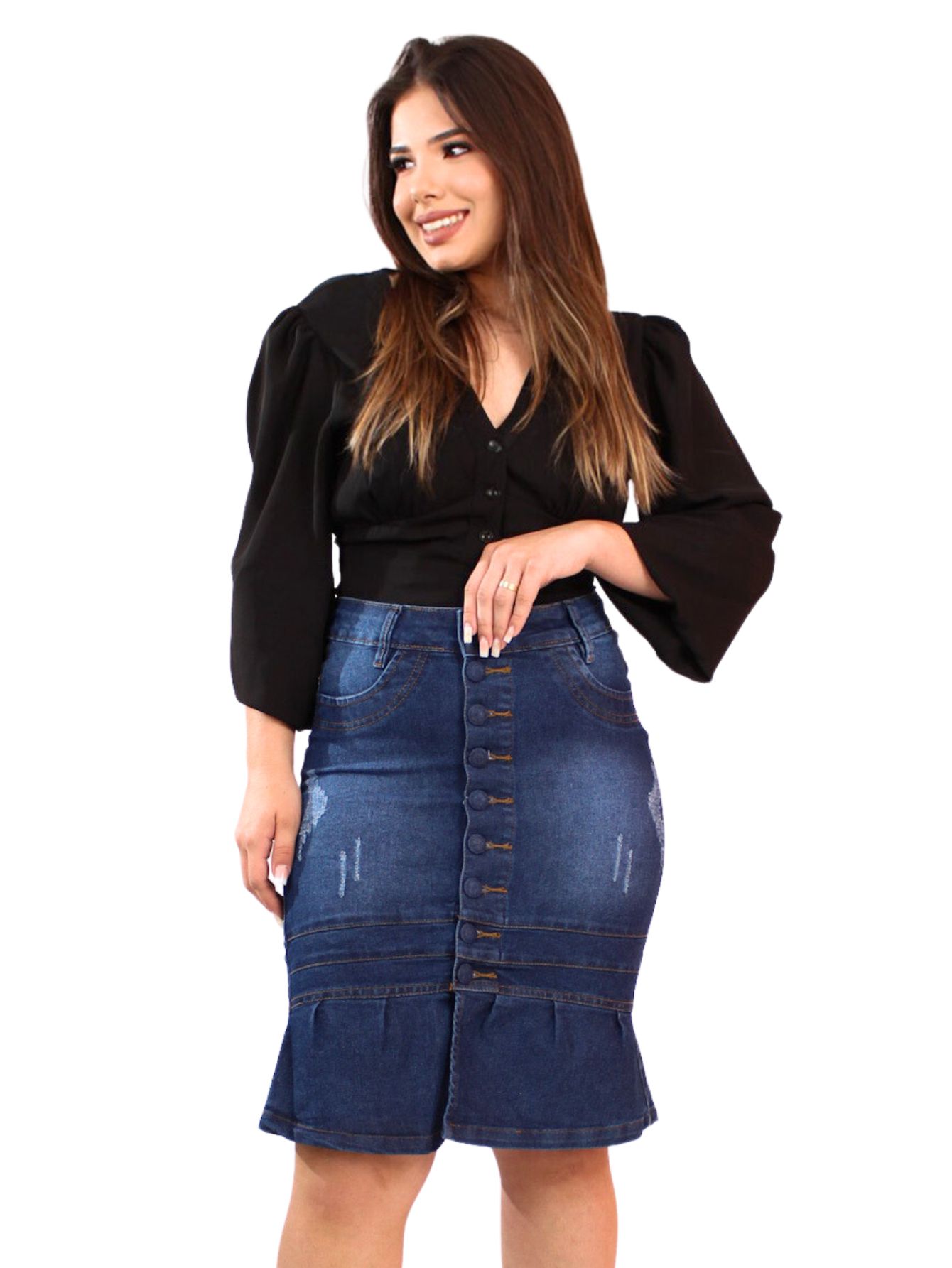 Saia Jeans Feminina Evangélica Babado Botões Cobertos GD256 - Anagrom -  Loja de Moda Evangélica a Preço Baixo