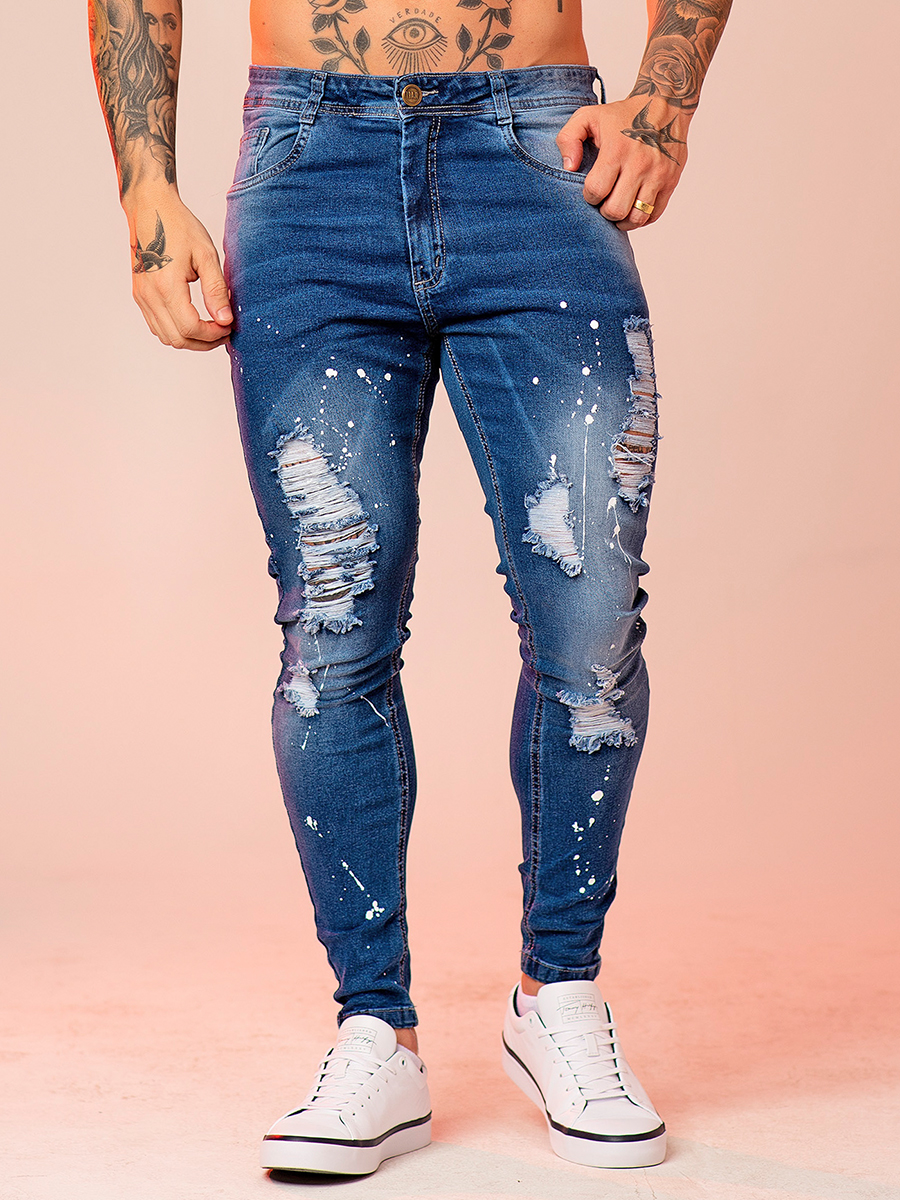 Calça Jeans Super Skinny Splash Destroyed - Traje Urbano