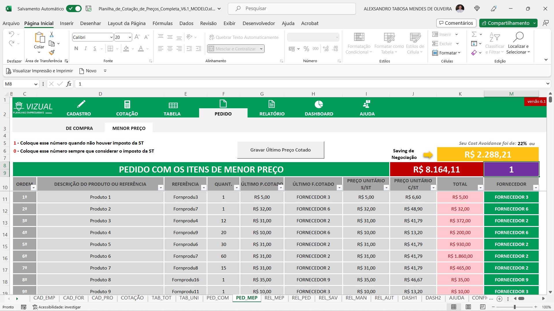 Planilha de Cotação de Preços Completa em Excel 6.1 - Vizual Planilhas ...