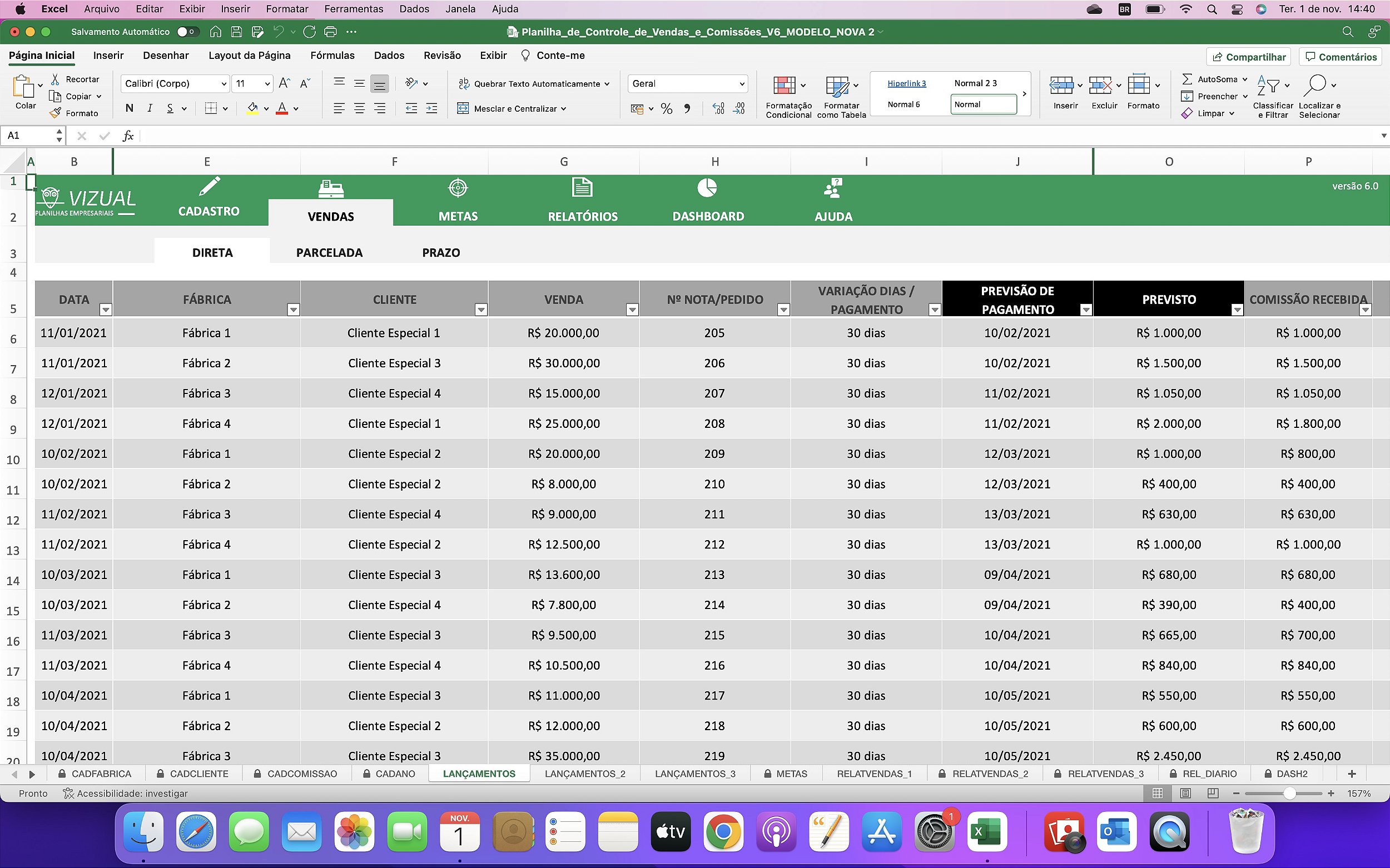 Planilha de Controle de Vendas e Comissões Completa em Excel 6 0 MAC