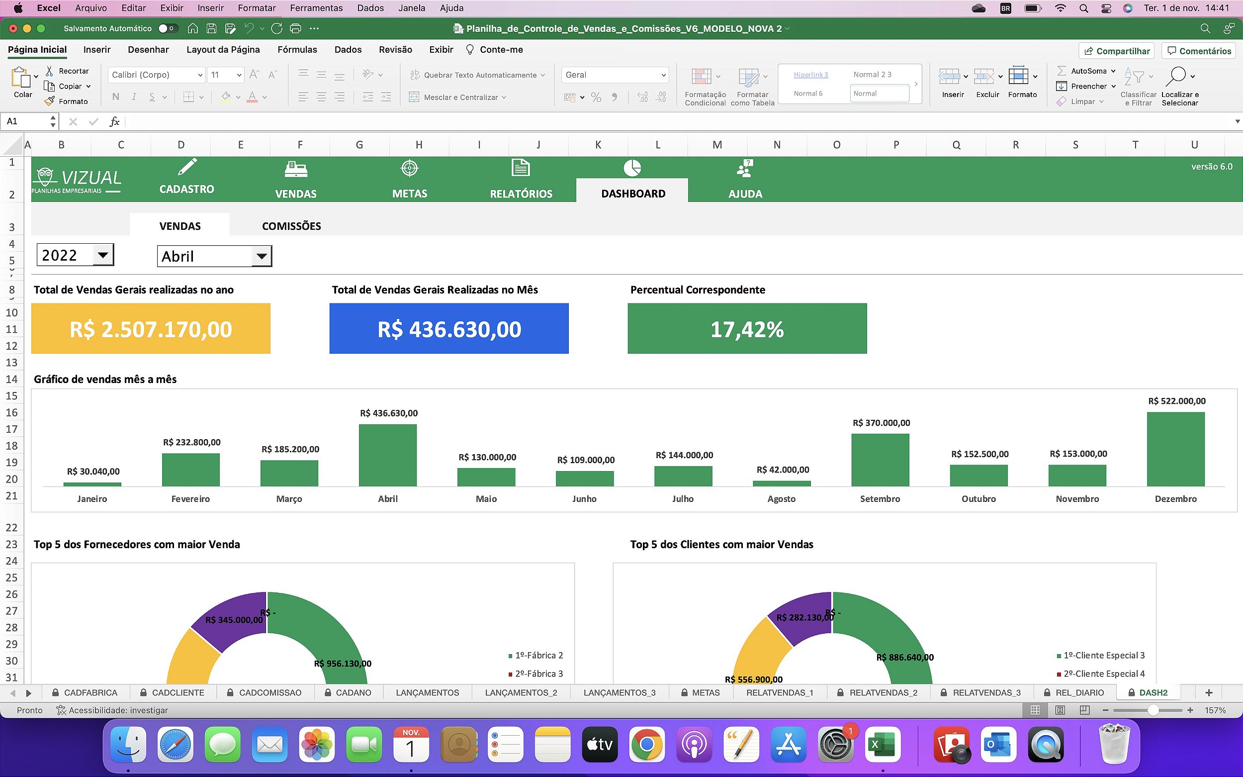 Planilha de Controle de Vendas e Comissões Completa em Excel 6 0 MAC