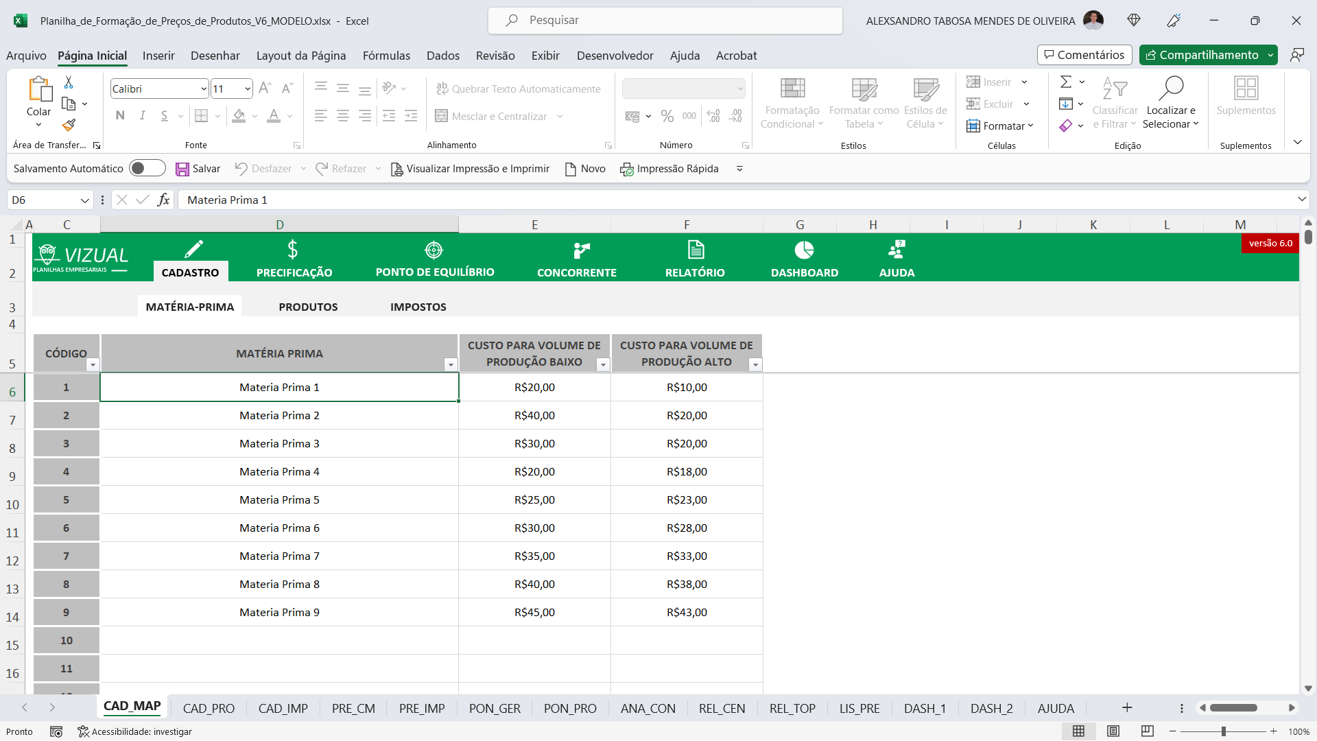 Planilha de Formação de Preços para Produtos em Excel 6.0 - Vizual ...