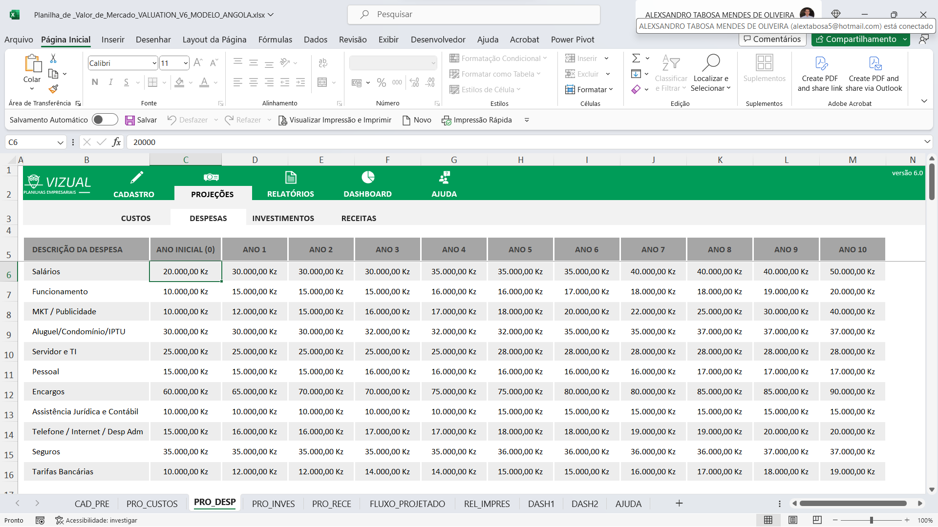 Planilha de Valor de Mercado Valuation em Excel 6.0 Angola - Vizual  Planilhas Empresariais - Planilhas em Excel de Alto Padrão para Empresas