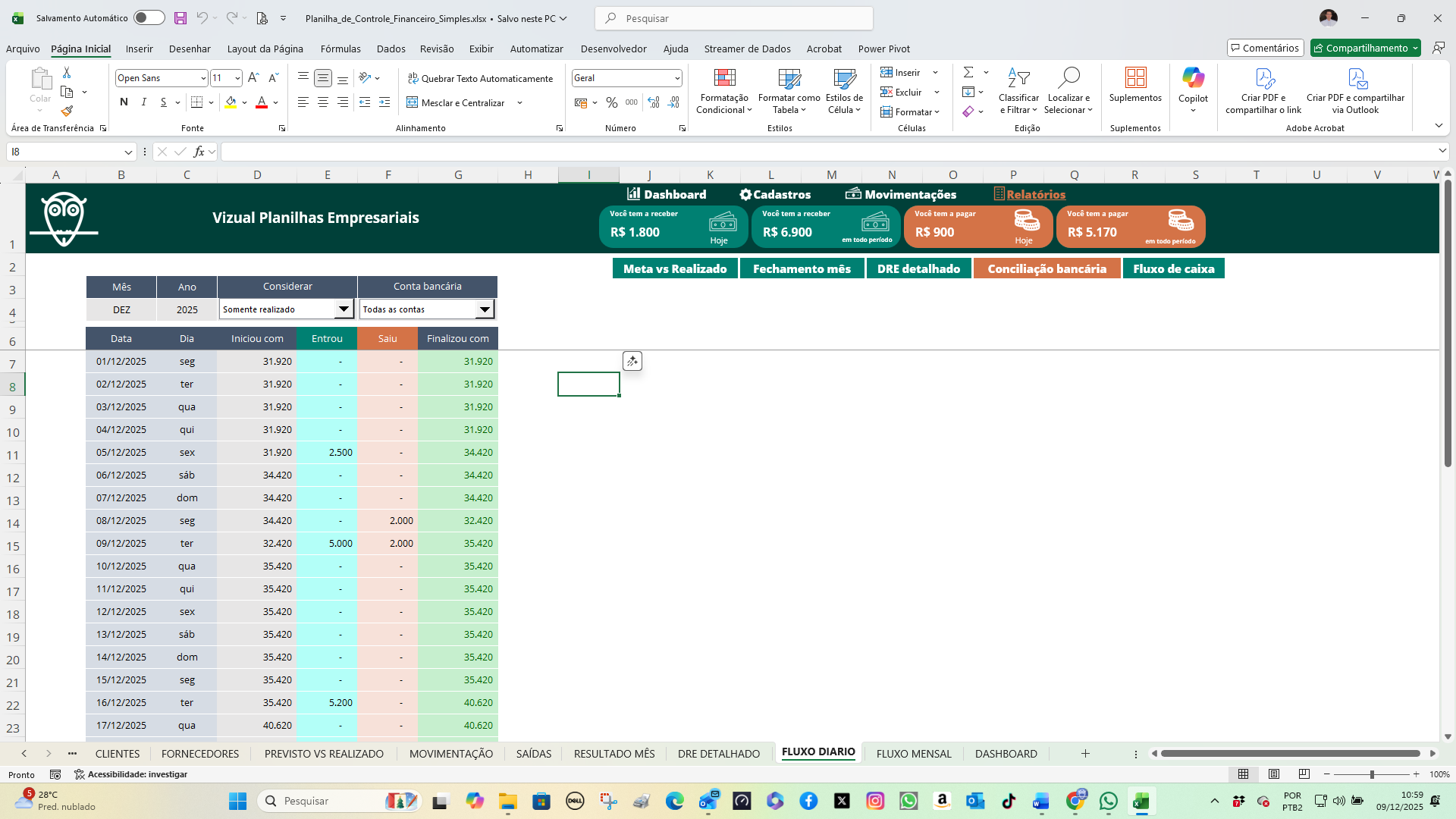 Planilha de Controle Financeiro Simples em Excel - Vizual Planilhas ...