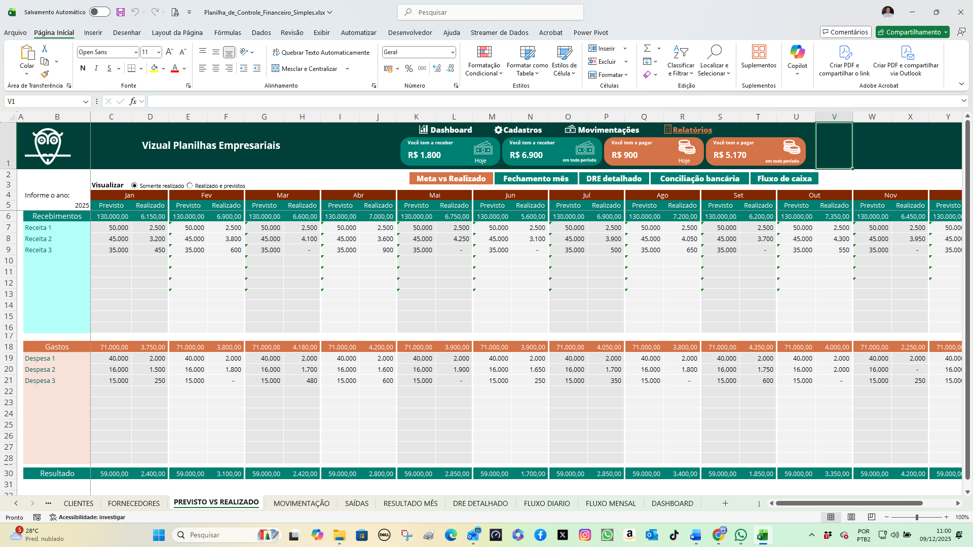 Planilha de Controle Financeiro Simples em Excel - Vizual Planilhas ...