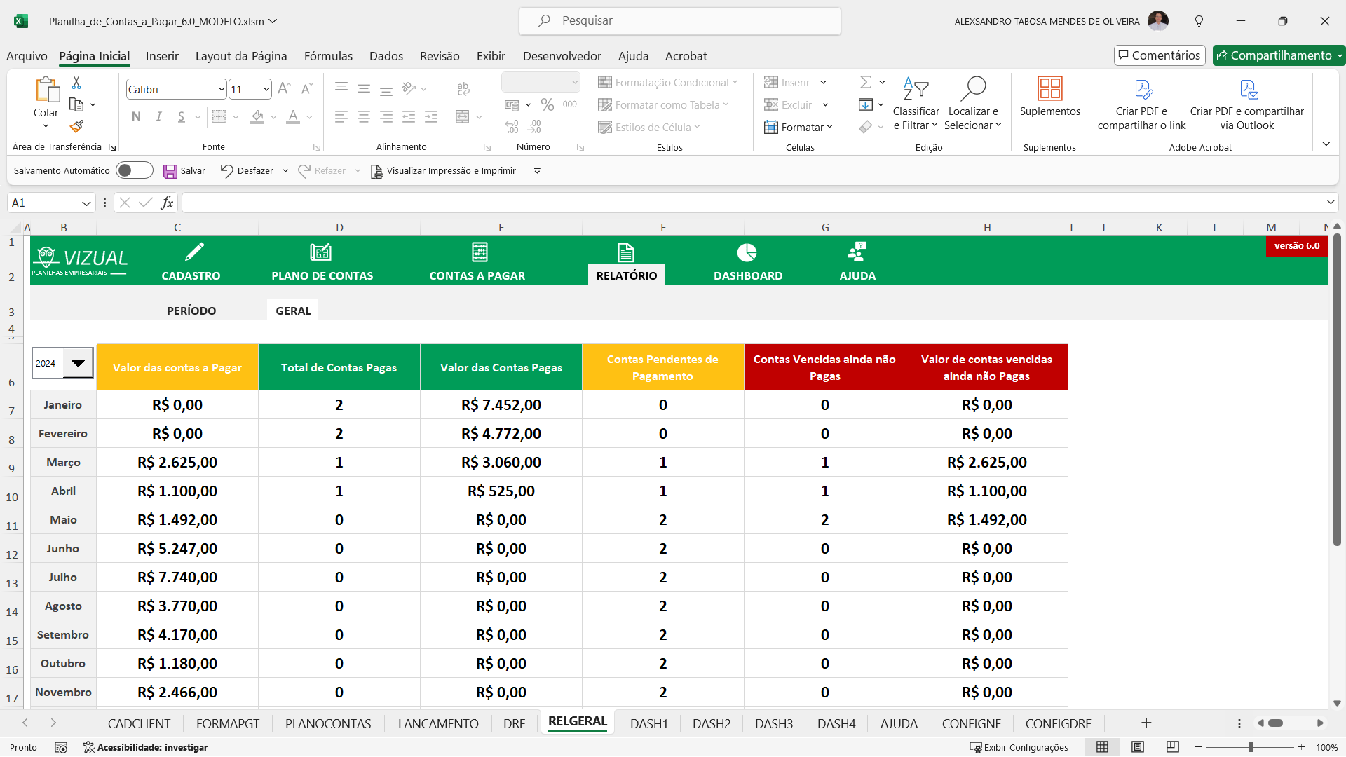 Planilha de Contas a Pagar em Excel 6.0 - Vizual Planilhas Empresariais -  Planilhas em Excel de Alto Padrão para Empresas