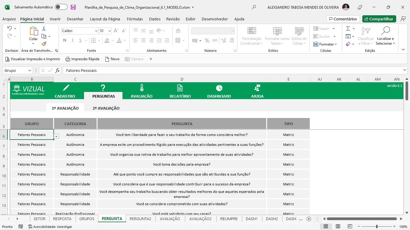 Planilha De Pesquisa De Clima Organizacional Em Excel 6 0 Vizual