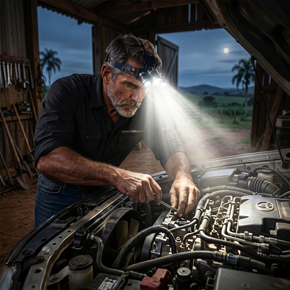 Manutenção em motor de veículo com lanterna de cabeça