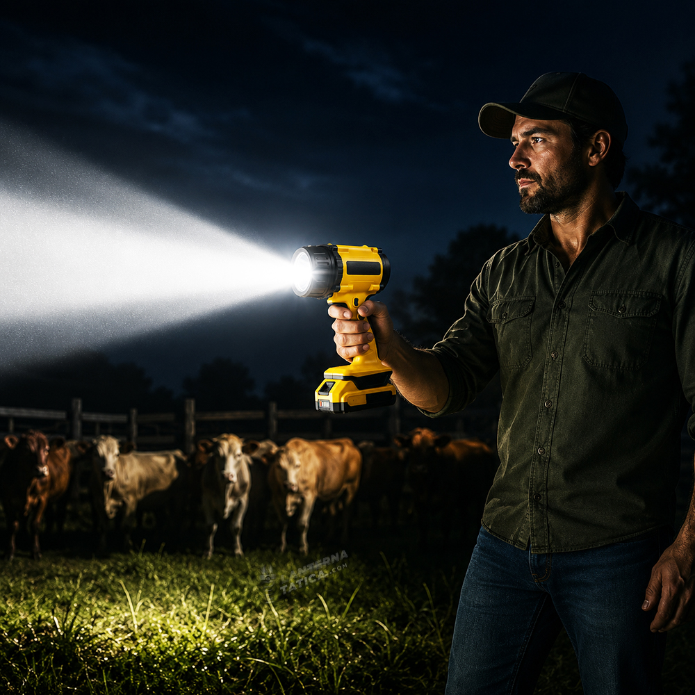 Homem usando a PowerGrip 18V no campo à noite