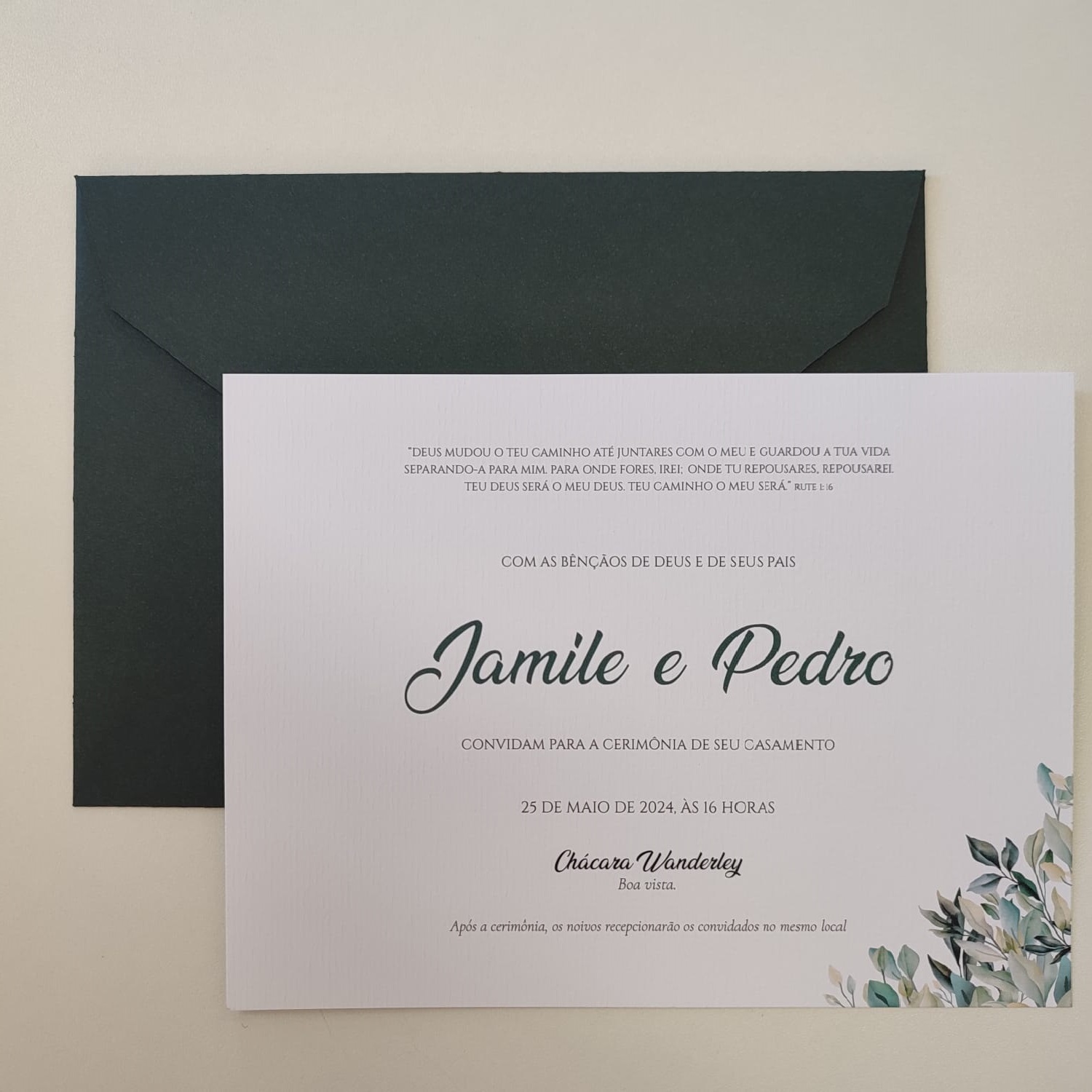 Convite Casamento Envelope Verde Escuro Folhagem Bellagi Convites 8023