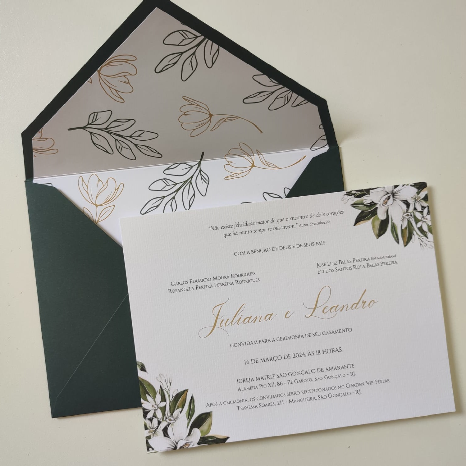 Convite Casamento Envelope Forrado Verde Escuro Bellagi Convites 0068