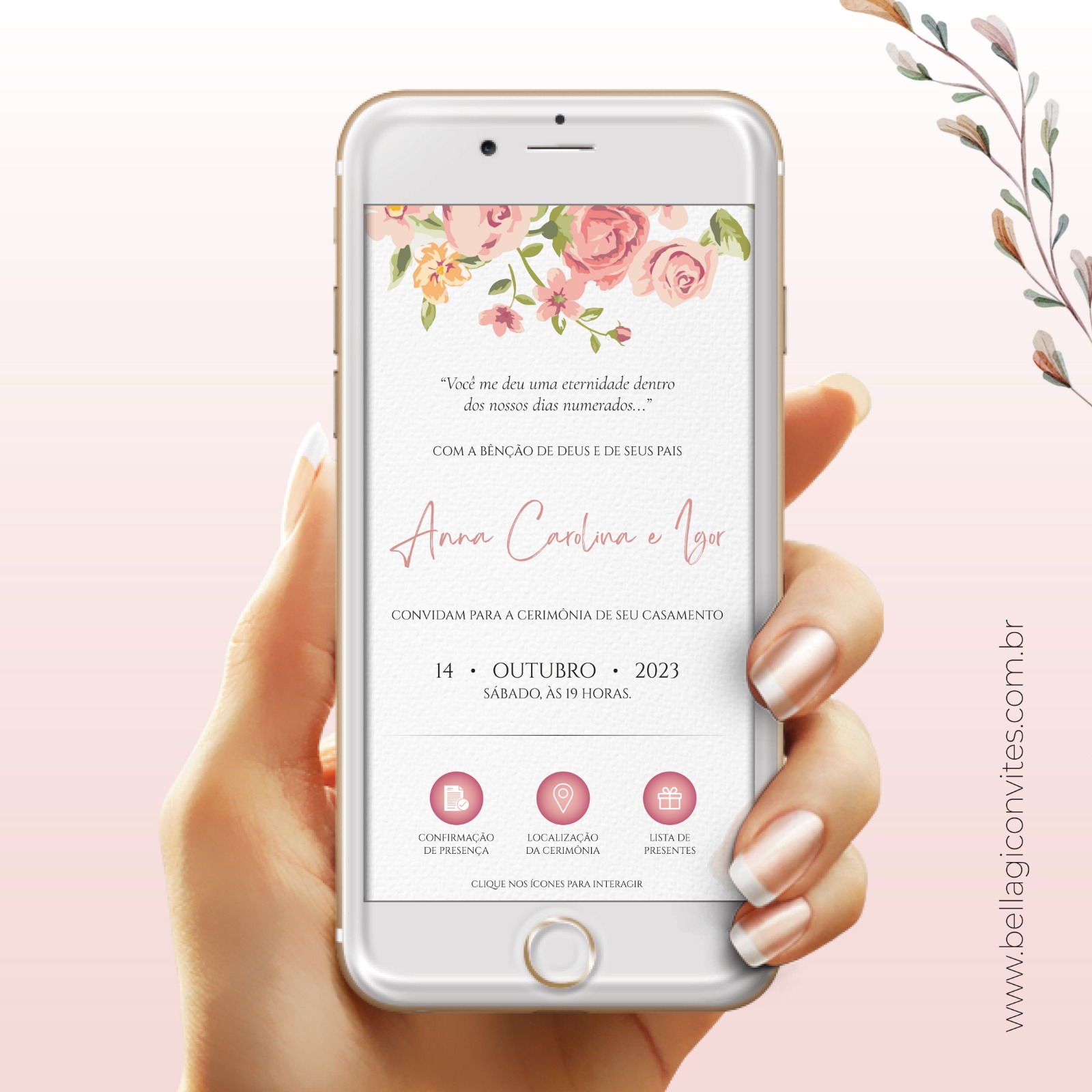 Convite Casamento Virtual Interativo Floral Rosa Whatsapp