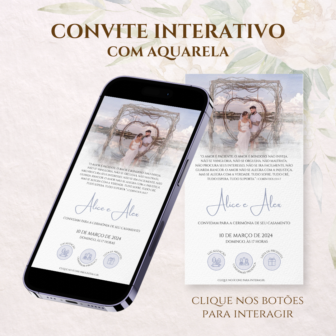 Convite De Casamento Digital Virtual Interativo Com Aquarela Bellagi Convites 2619