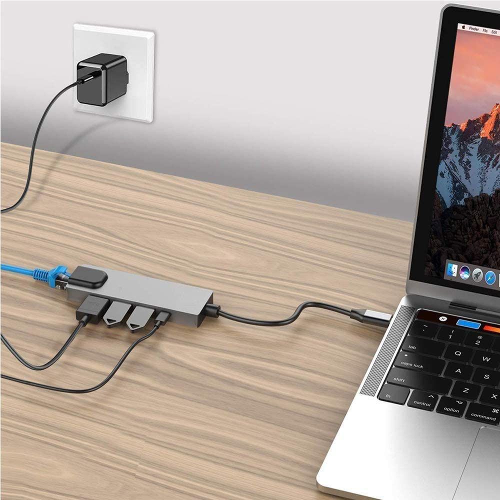 Cabo Adaptador USB-C 5 em 1 HDMI LAN RJ45 1000 USB 3.0 e USB TIPO-C ...