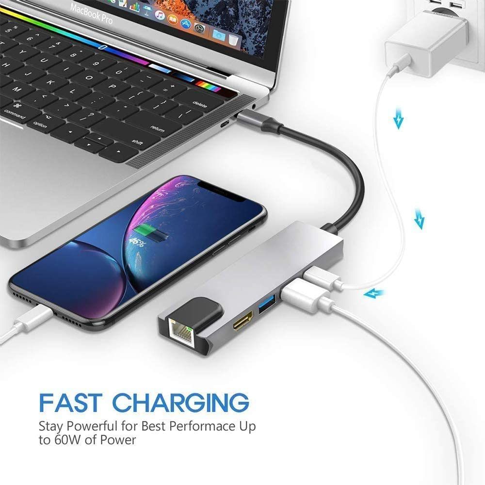Cabo Adaptador USB-C 5 em 1 HDMI LAN RJ45 1000 USB 3.0 e USB TIPO-C ...