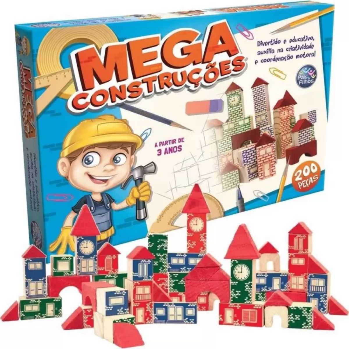 Brinquedo Jogo Mega Construções Blocos de Montar em Madeira 200