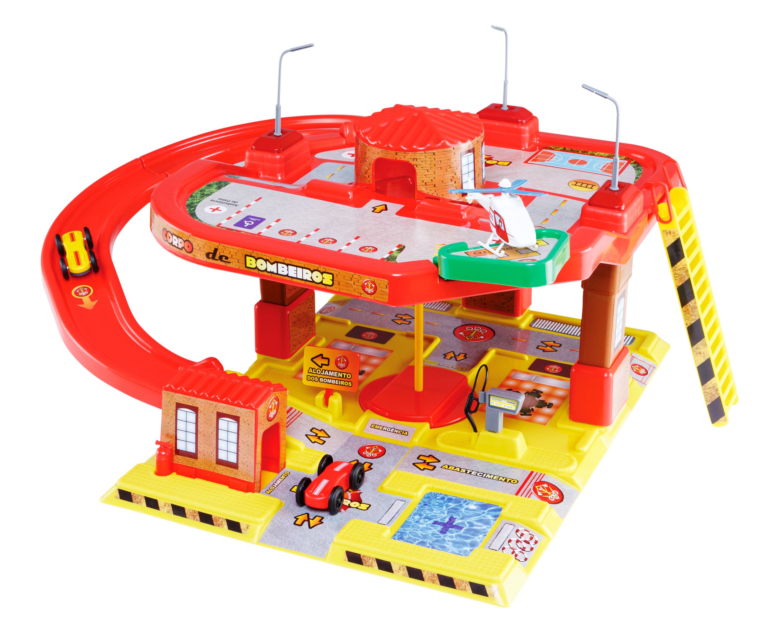 Pista Playset Infantil Posto Corpo de Bombeiros Carrinho e Helicóptero  Brinquedo Map Toys - Camilo's Variedades