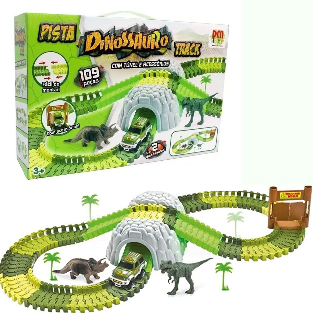 Pista de Carrinhos Dinossauros com Túnel e Acessórios Infantil 109 Peças -  Camilo's Variedades