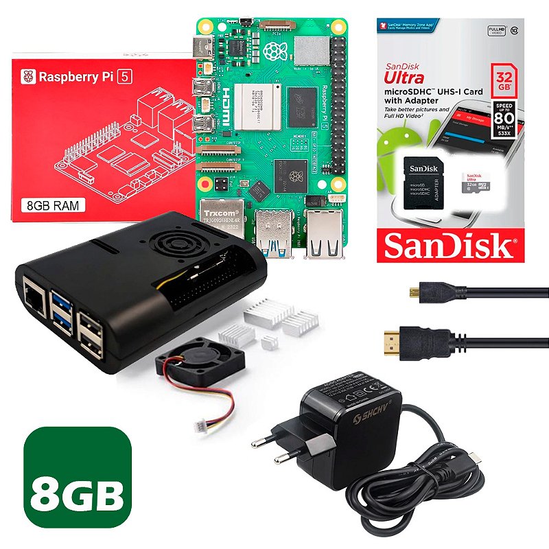 Kit Raspberry Pi 5 8GB MicroSD 32GB Fonte Case Cooler Microhdmi - Ncam ...