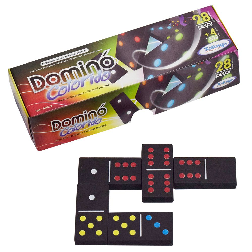 Jogo Domino Pingos Coloridos 28 Peças Estojo Madeira Xalingo