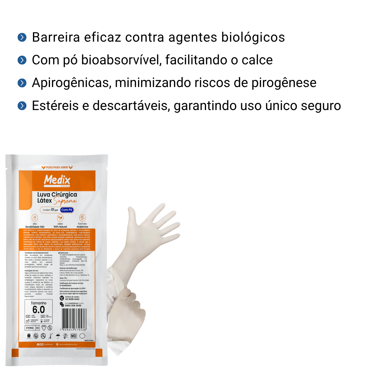 ☀️MEDISHINE+ UV WHITE Luva Cirúrgica Estéril Supreme Com Pó 6.0 - Par - Medix - Produtos