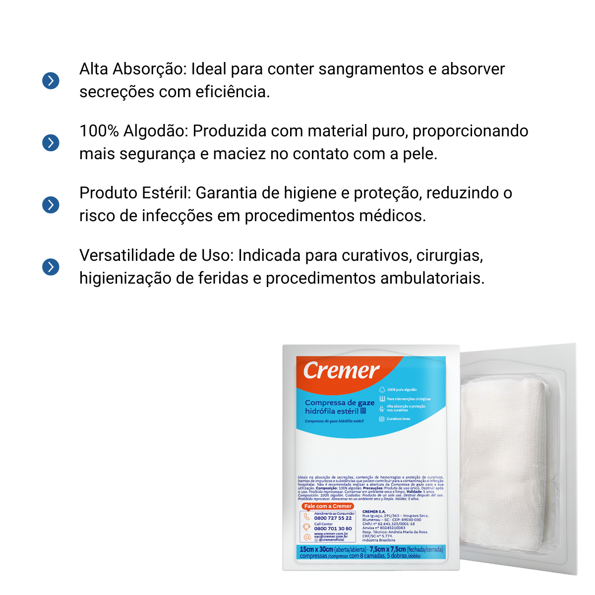 Compressa de Gaze Estéril 13 Fios C/10 - Cremer - Produtos Médicos