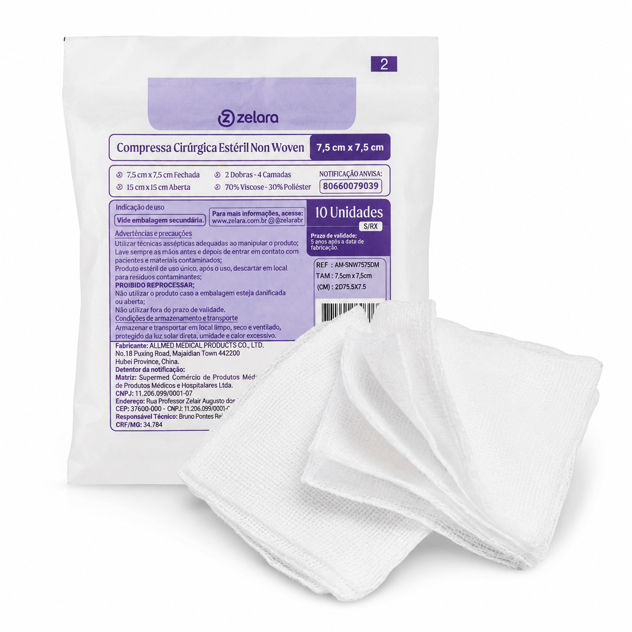 GAUZE CD6枚セット Compressa de Gaze Estéril 7,5 cm x 7,5 cm Non Woven c/10 - Zelara