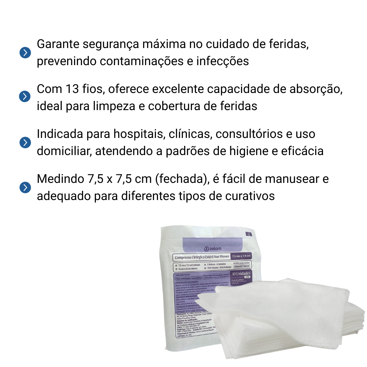 Compressa de Gaze Estéril 7,5 cm x 7,5 cm Non Woven c/10 - Zelara