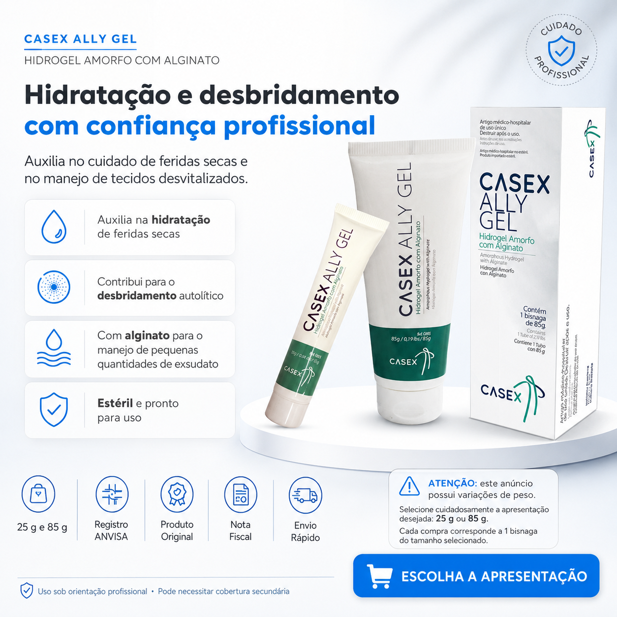 Ally Gel Hidrogel Amorfo com Alginato Casex 25g e 85g - Produtos