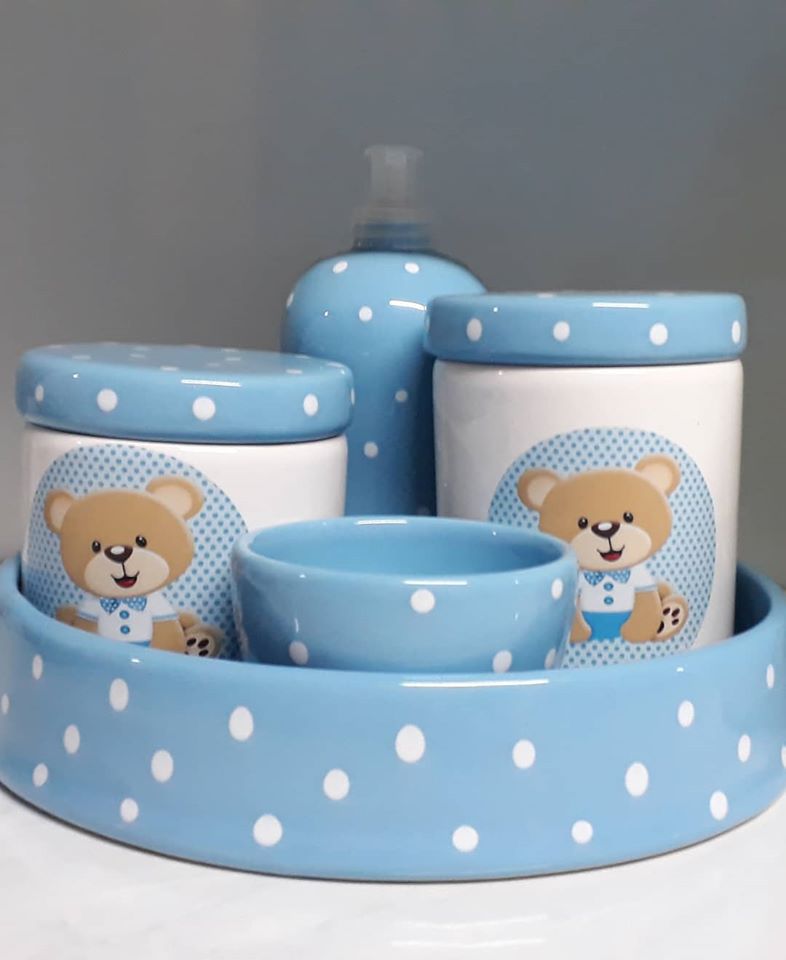 Kit higiene urso poá - Porcevale Cerâmica - By G Criações
