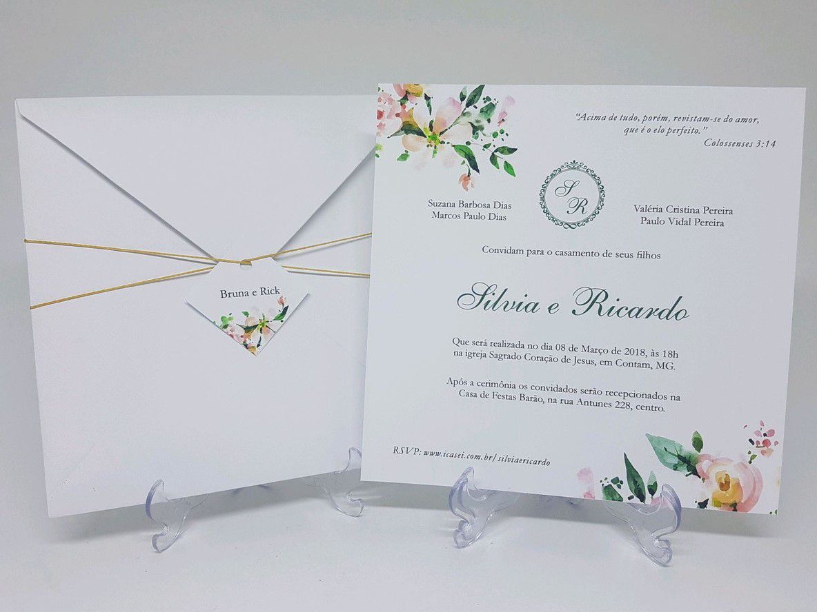 Convite branco folhas aquarela - Atelie da Lola Conviteria - convites  casamento debutante bodas