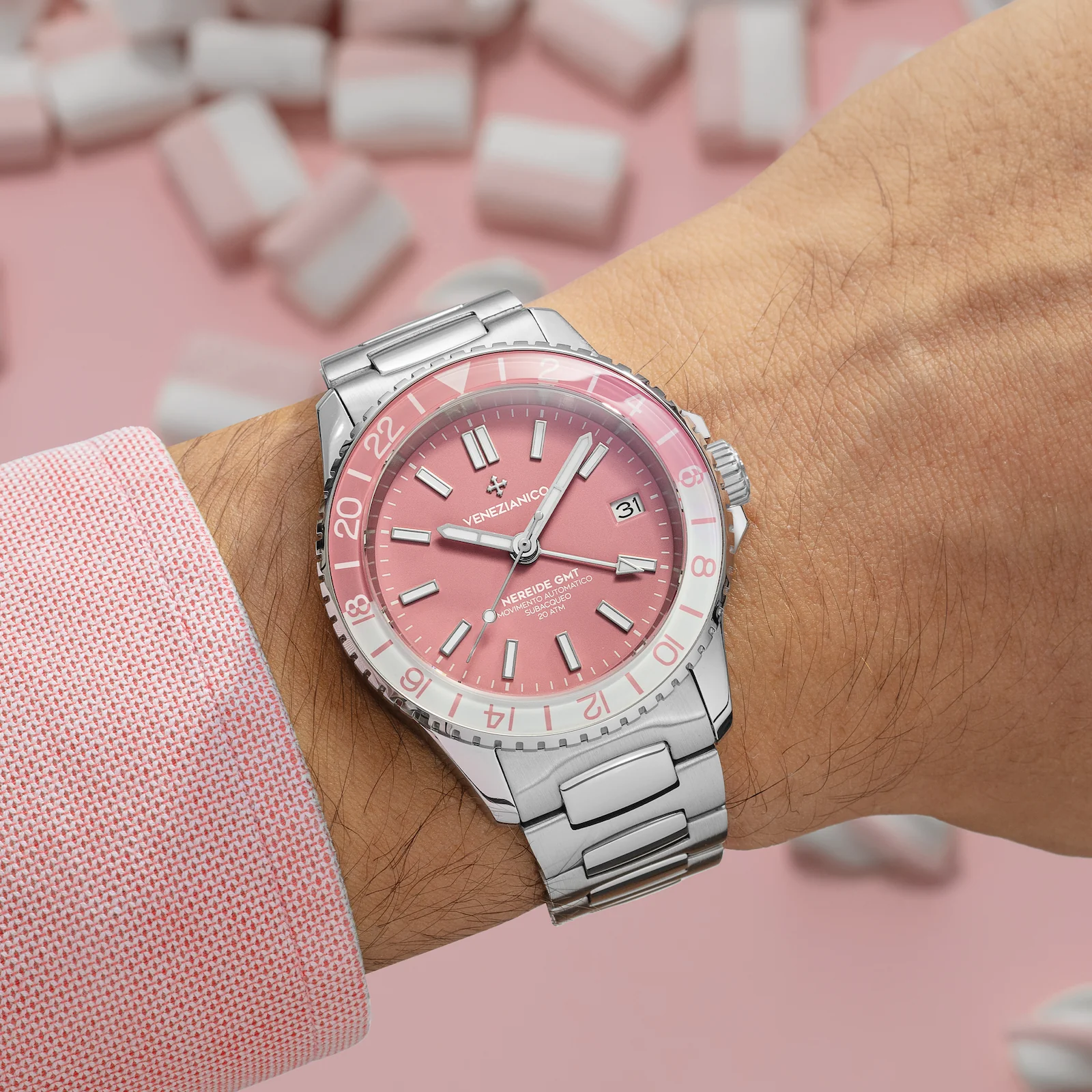 Relógio Venezianico Nereide GMT 39 Rosa Automático 200m