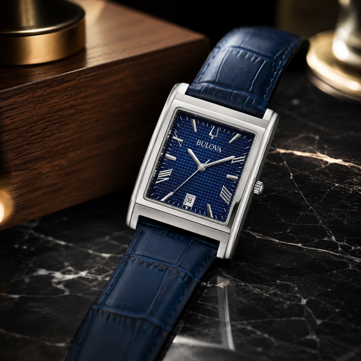 Bulova Sutton 96B442 Retangular Azul Safira Couro - Relojoaria