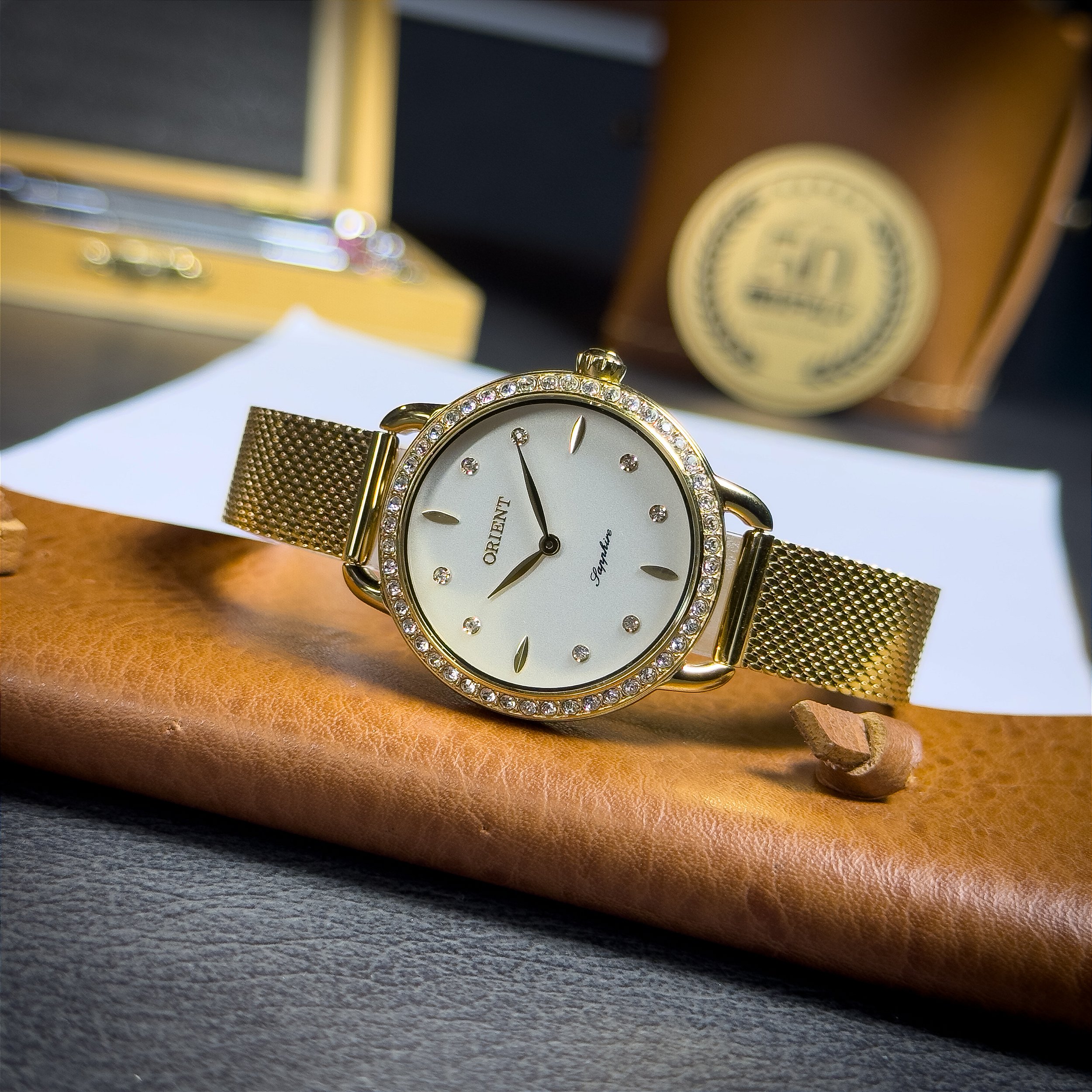 マリア Relógio Orient Mini Feminino FGSS0252-S1KX Dourado Safira