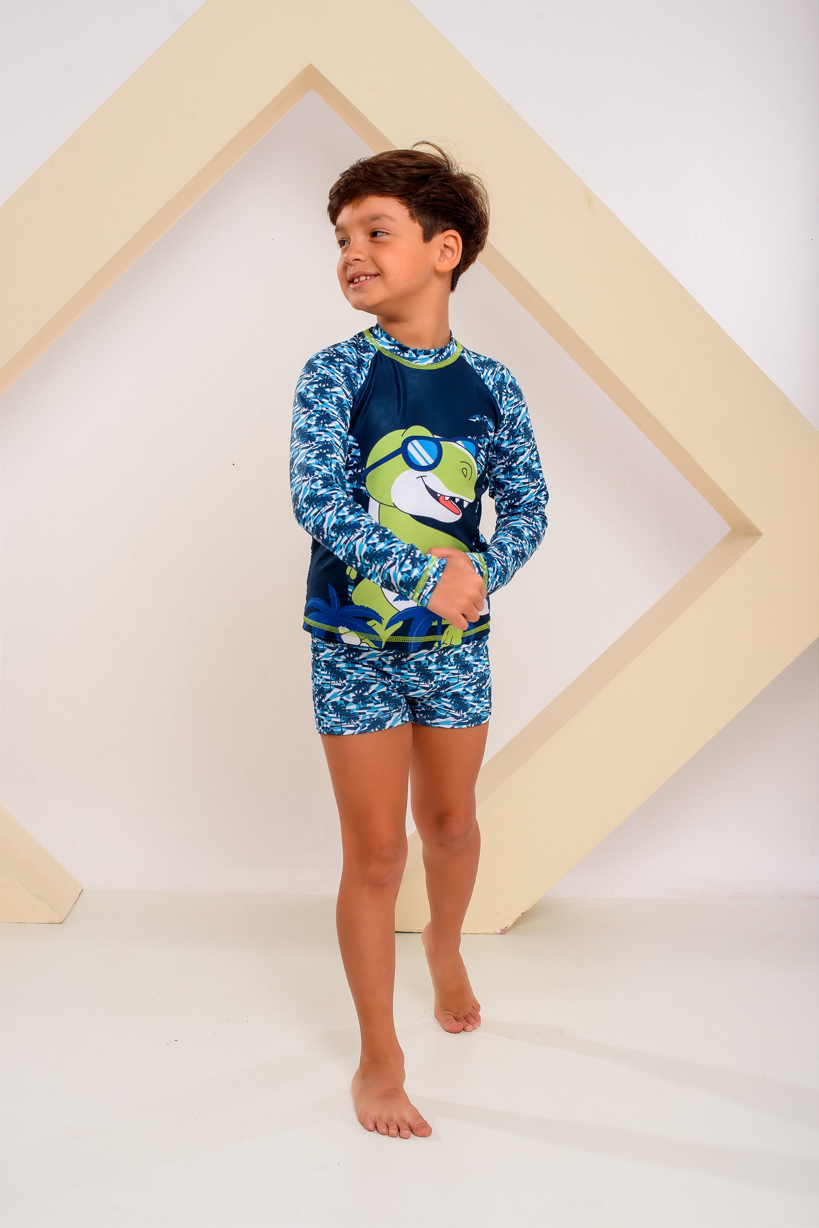 Verde Rey Conjunto Sunga Infantil + Blusa Proteção Uv50 Térmica Dry Dinossauro ...