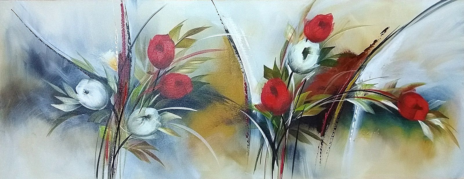 Pintura\Quadro\Tela Floral e Abstrato com tulipas vermelhas e brancas. -  Fer Amantéa Galeria de Artes