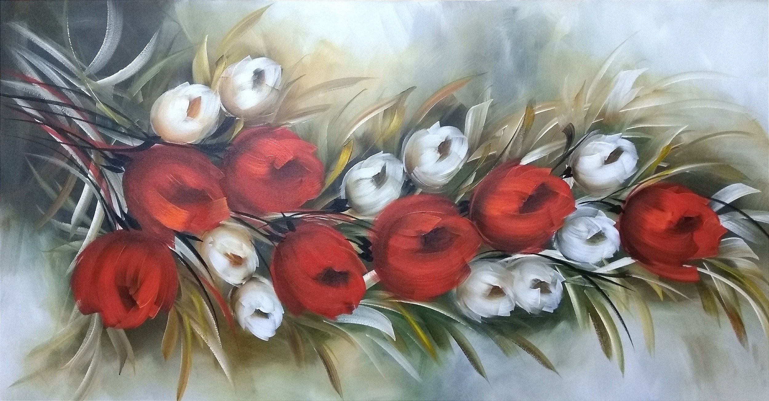 Pintura/Quadro/Tela floral, galho de tulipas vermelhas com botões bran -  Fer Amantéa Galeria de Artes