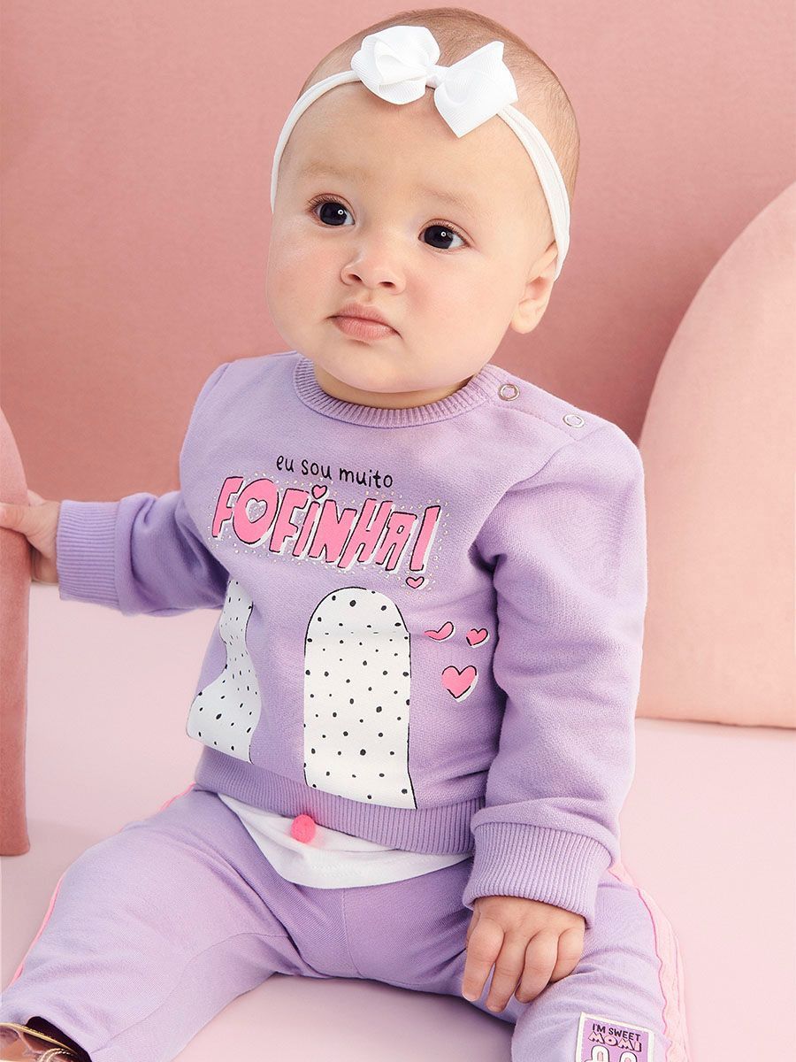 Conjunto Moletom Bebê Menina Sweet Bear Lilás