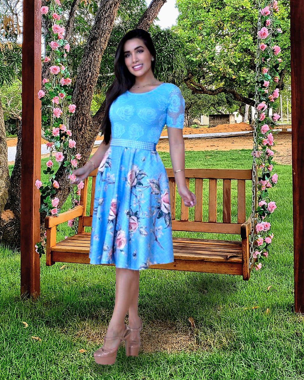 Vestido Casamento Civil Manga Curta Azul Flores - Vestidos Casamento Civil  Princesa