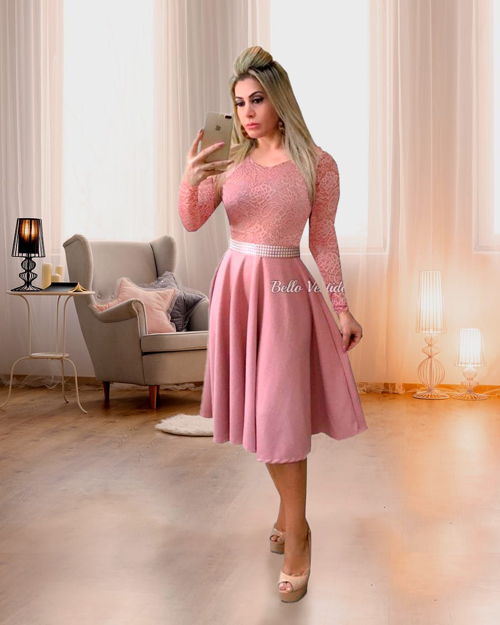 Vestido rose 2024 com manga