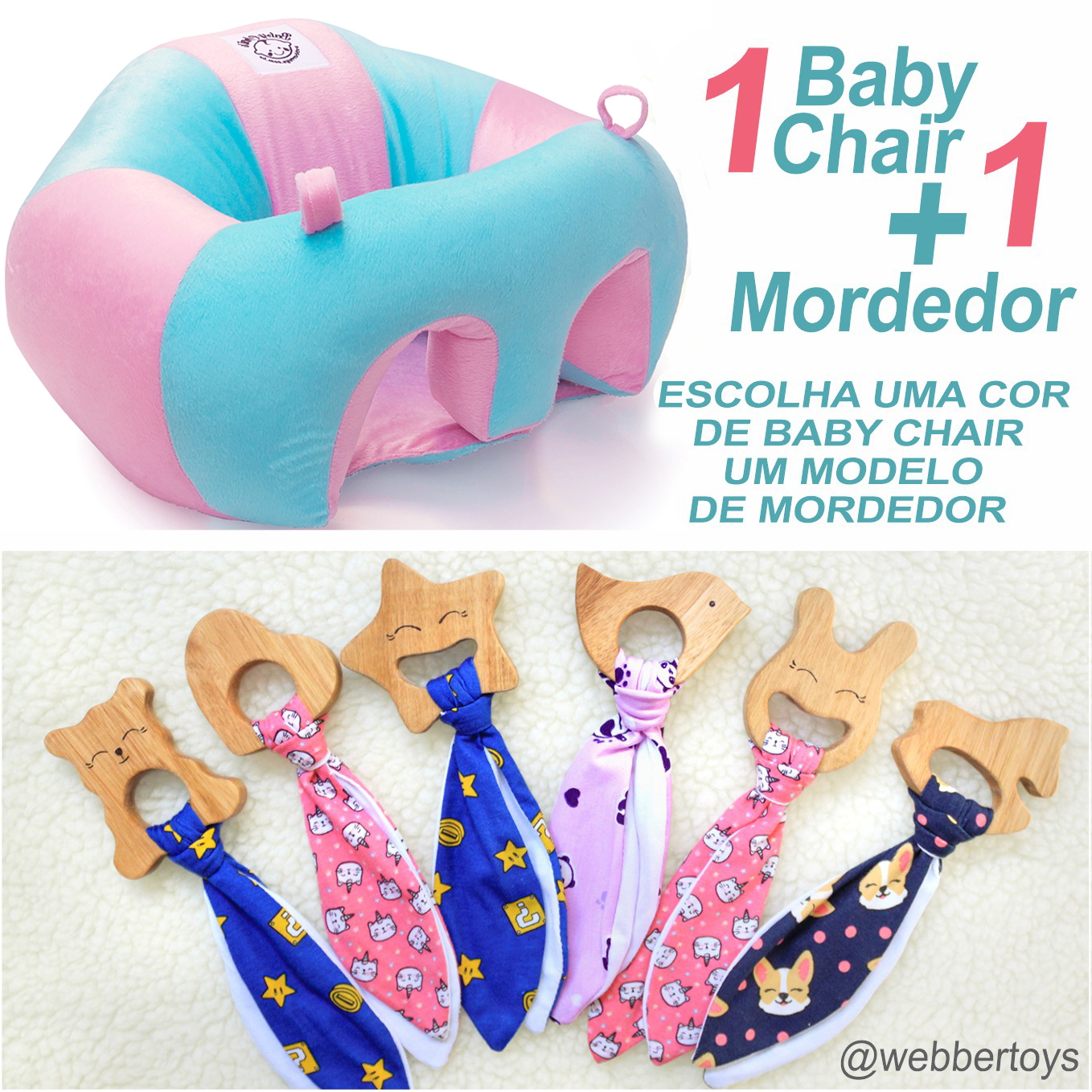 ALMOFADA BEBÊ - BABY CHAIR + MORDEDORES MADEIRA + PANINHO - WEBBER TOYS