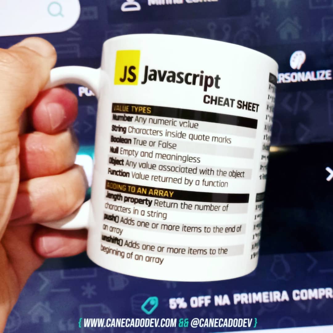Caneca Javascript Commands Cheat Sheet branca - Caneca do Dev - Canecas ...