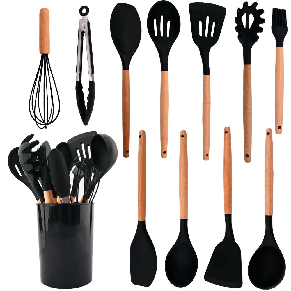 Jogo Utensílios de Cozinha em Silicone Madeira 12 Peças Preto - Máquinas,  Equipamentos e Utensílios Domésticos para Bares, Restaurantes, Lanchonetes,  Supermercados, Cozinha Industrial., jogo de cozinha preto - thirstymag.com