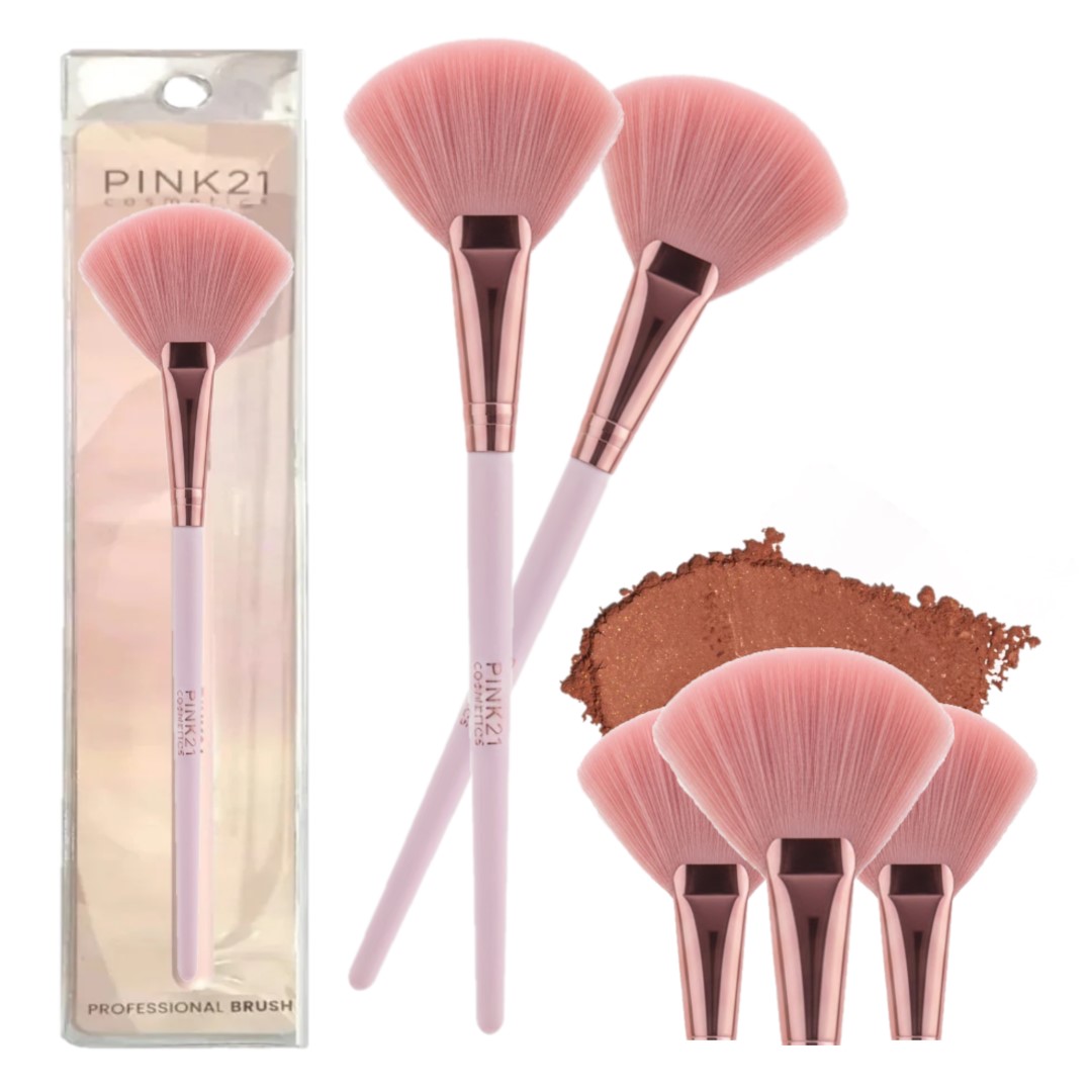 Pincel Leque Blush e Iluminador HB87276 Pink 21 Kit