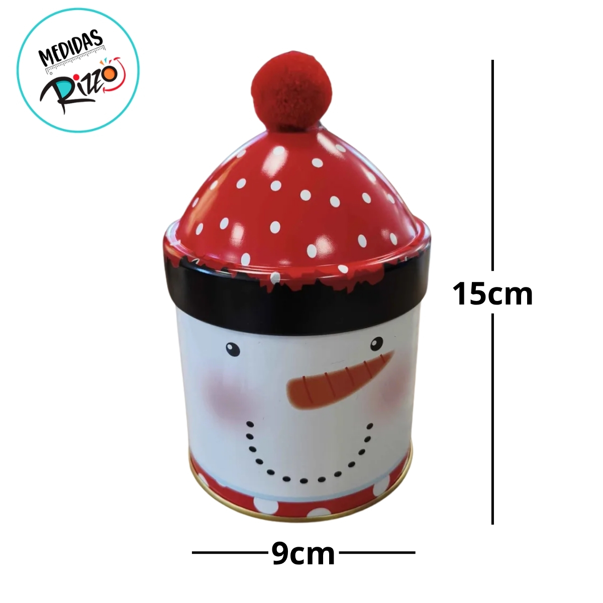 Lata de Metal de Natal Redonda - Boneco de Neve com Gorro e Pompom